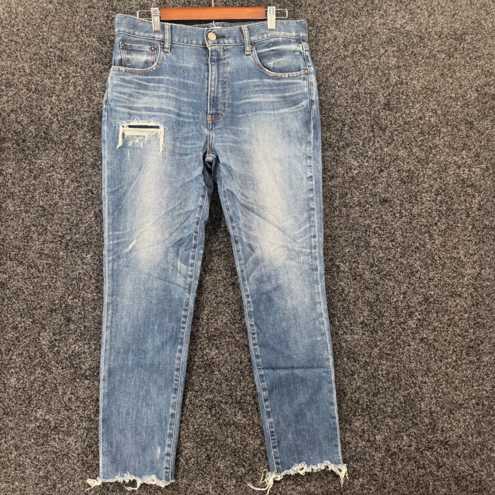Moussy Vintage Distressed Straight Leg Jeans Blue Raw Hem High Rise Size 31